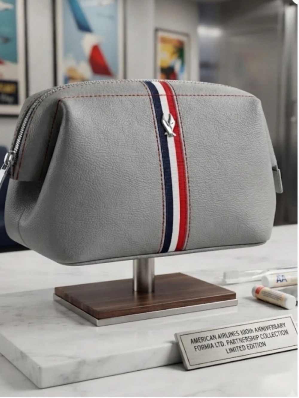 American Airlines 100th Anniversary Amenity Kit Bag Grey Red Blue